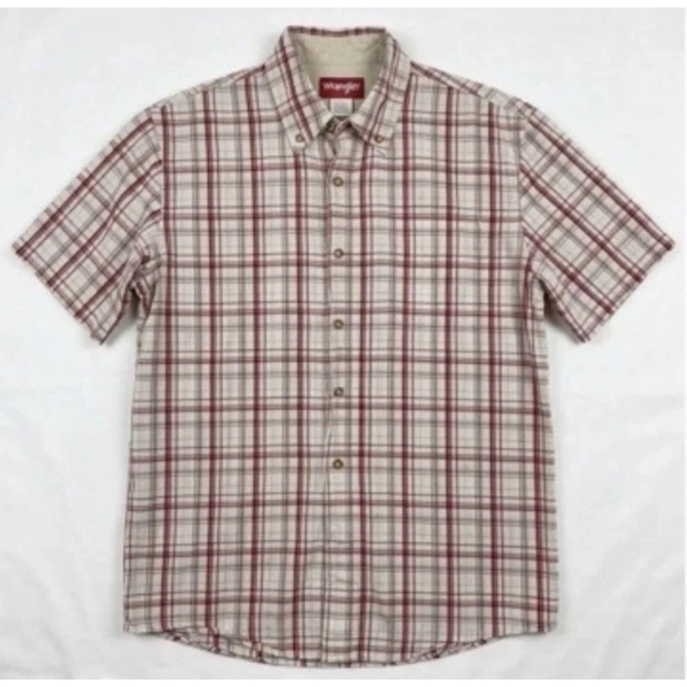 Wrangler Men’s Short Sleeve Plaid Button-Up Shirt in Red and Cream